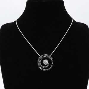 VTG Kiam Family Rhinestone Spiral Necklace Silver Tone Black Swirl Pendant